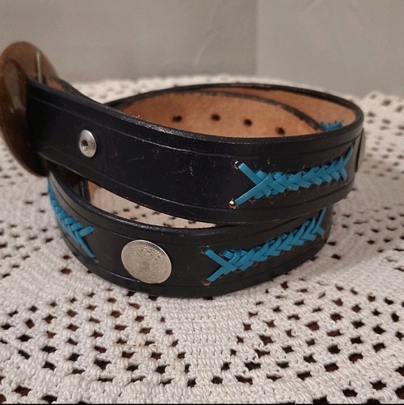 Abstract Wood & Turquoise inlay Stone Buckle Black Leather Belt Turquoise Stitch main image 8